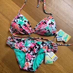 HOBIE Tropical Pink/Green/Blue Floral Push-Up Bikini Set XL Top Medium Bottom